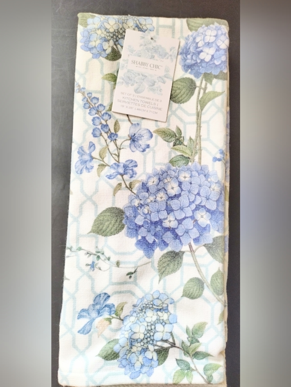 Shabby Chic Farmhouse Set of 3 Kitchen Towels Blue Hydrangea Floral Cotton